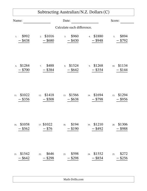 The Subtracting Australian/N.Z. Dollars With Amounts from 2 to 998 in Increments of Two Dollars (C) Math Worksheet