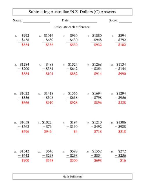 The Subtracting Australian/N.Z. Dollars With Amounts from 2 to 998 in Increments of Two Dollars (C) Math Worksheet Page 2