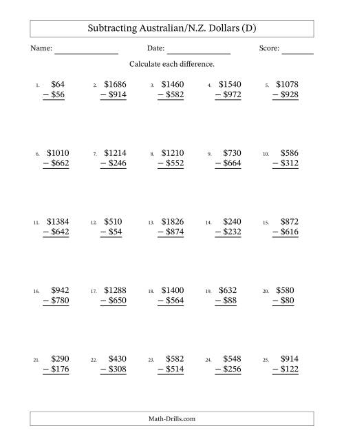 The Subtracting Australian/N.Z. Dollars With Amounts from 2 to 998 in Increments of Two Dollars (D) Math Worksheet