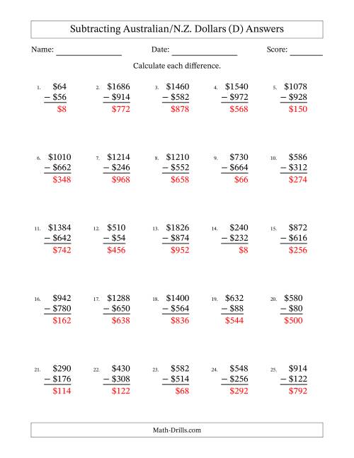 The Subtracting Australian/N.Z. Dollars With Amounts from 2 to 998 in Increments of Two Dollars (D) Math Worksheet Page 2