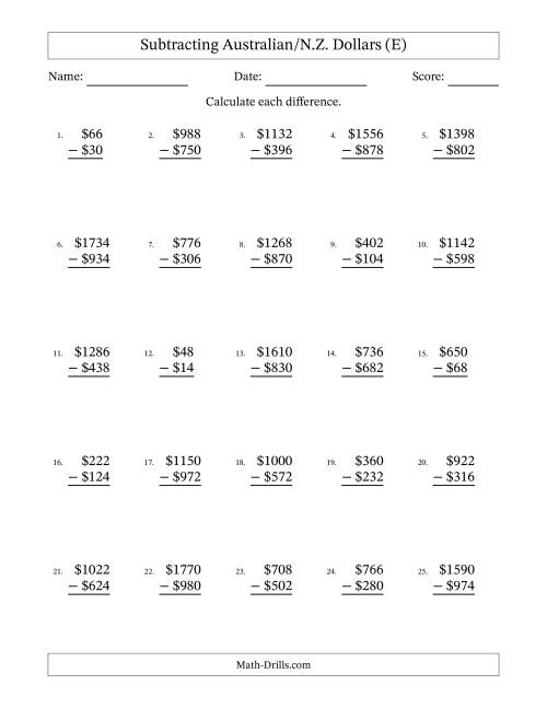 The Subtracting Australian/N.Z. Dollars With Amounts from 2 to 998 in Increments of Two Dollars (E) Math Worksheet