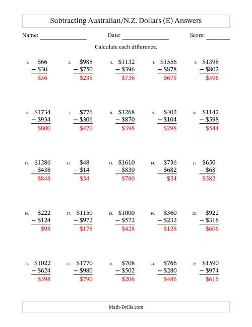 The Subtracting Australian/N.Z. Dollars With Amounts from 2 to 998 in Increments of Two Dollars (E) Math Worksheet Page 2