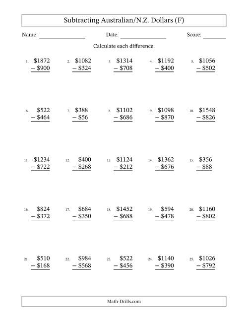 The Subtracting Australian/N.Z. Dollars With Amounts from 2 to 998 in Increments of Two Dollars (F) Math Worksheet