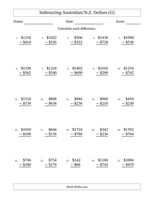 The Subtracting Australian/N.Z. Dollars With Amounts from 2 to 998 in Increments of Two Dollars (G) Math Worksheet