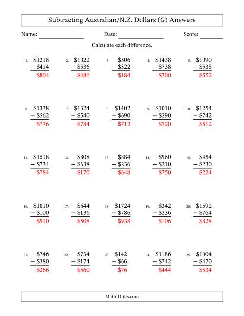 The Subtracting Australian/N.Z. Dollars With Amounts from 2 to 998 in Increments of Two Dollars (G) Math Worksheet Page 2