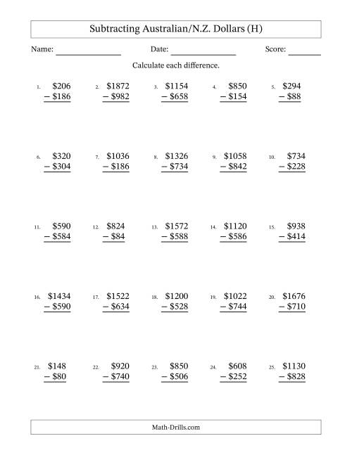 The Subtracting Australian/N.Z. Dollars With Amounts from 2 to 998 in Increments of Two Dollars (H) Math Worksheet