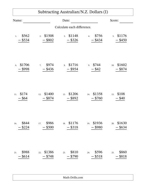 The Subtracting Australian/N.Z. Dollars With Amounts from 2 to 998 in Increments of Two Dollars (I) Math Worksheet