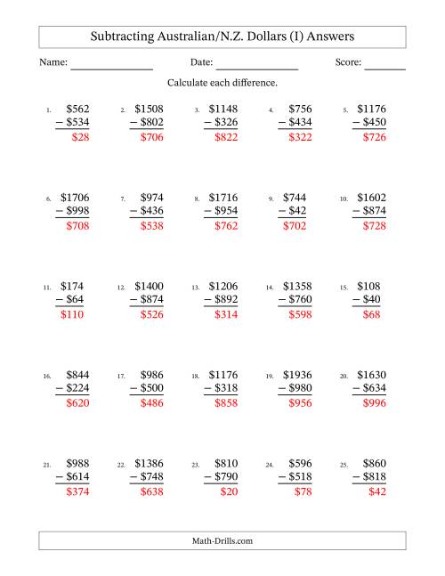 The Subtracting Australian/N.Z. Dollars With Amounts from 2 to 998 in Increments of Two Dollars (I) Math Worksheet Page 2