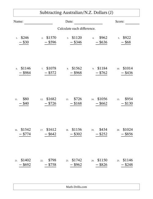 The Subtracting Australian/N.Z. Dollars With Amounts from 2 to 998 in Increments of Two Dollars (J) Math Worksheet