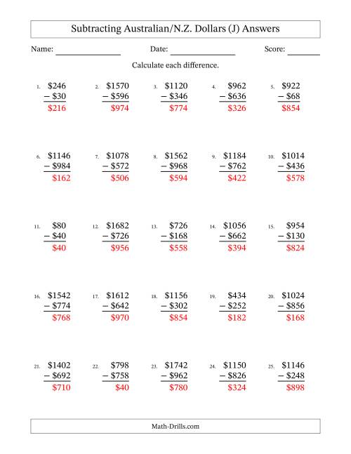 The Subtracting Australian/N.Z. Dollars With Amounts from 2 to 998 in Increments of Two Dollars (J) Math Worksheet Page 2