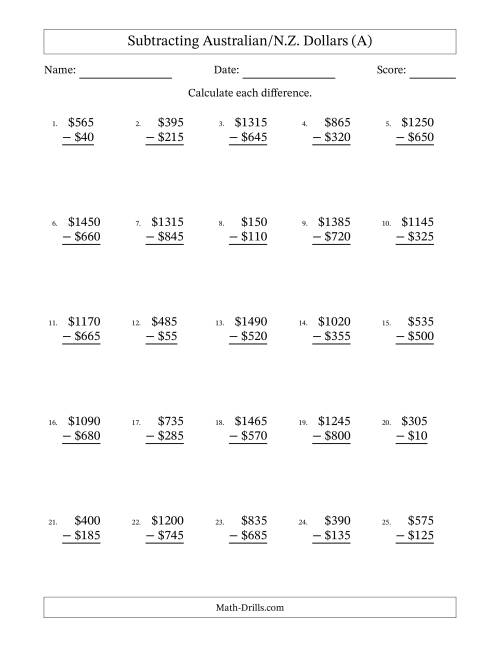 The Subtracting Australian/N.Z. Dollars With Amounts from 5 to 995 in Increments of Five Dollars (A) Math Worksheet