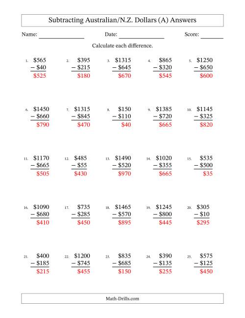 The Subtracting Australian/N.Z. Dollars With Amounts from 5 to 995 in Increments of Five Dollars (A) Math Worksheet Page 2