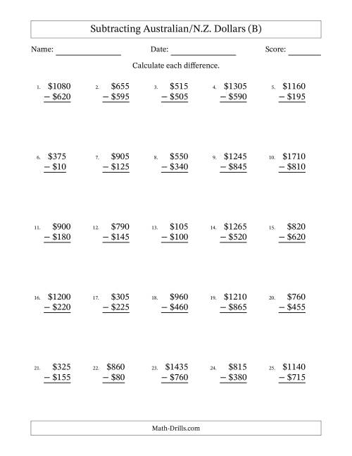 The Subtracting Australian/N.Z. Dollars With Amounts from 5 to 995 in Increments of Five Dollars (B) Math Worksheet