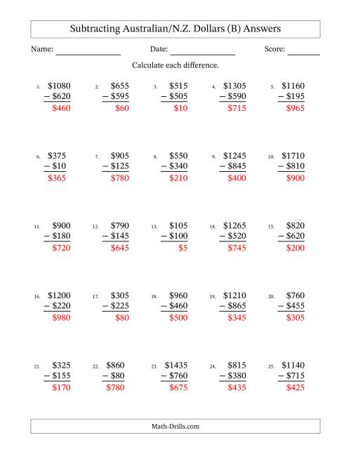 The Subtracting Australian/N.Z. Dollars With Amounts from 5 to 995 in Increments of Five Dollars (B) Math Worksheet Page 2