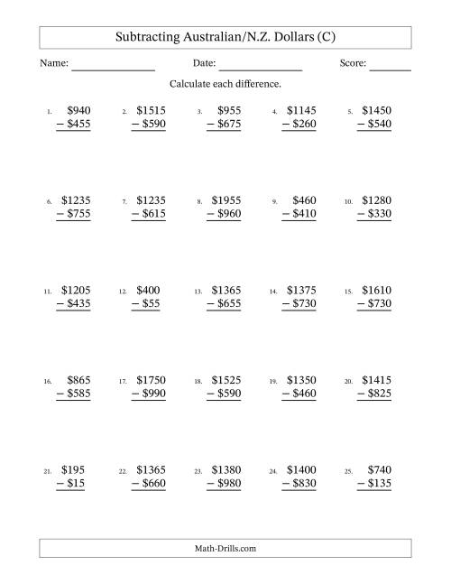 The Subtracting Australian/N.Z. Dollars With Amounts from 5 to 995 in Increments of Five Dollars (C) Math Worksheet