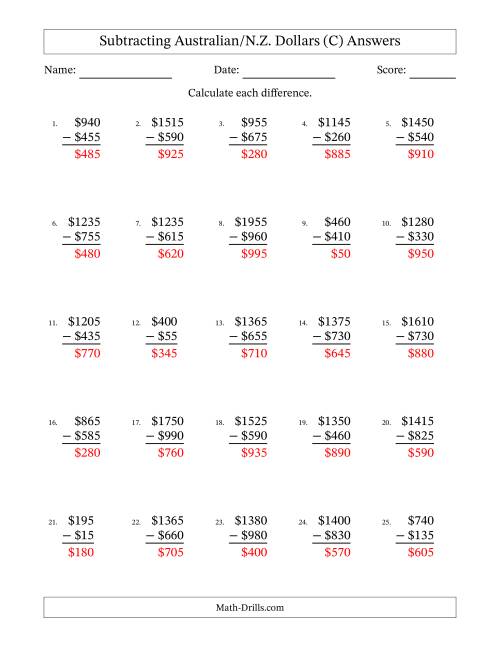 The Subtracting Australian/N.Z. Dollars With Amounts from 5 to 995 in Increments of Five Dollars (C) Math Worksheet Page 2