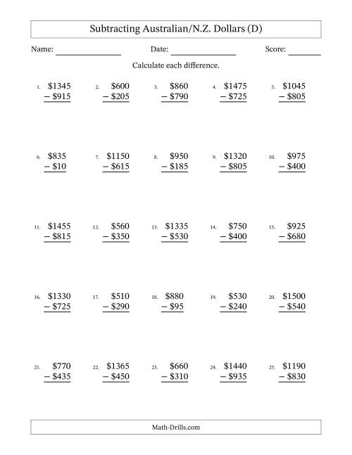 The Subtracting Australian/N.Z. Dollars With Amounts from 5 to 995 in Increments of Five Dollars (D) Math Worksheet