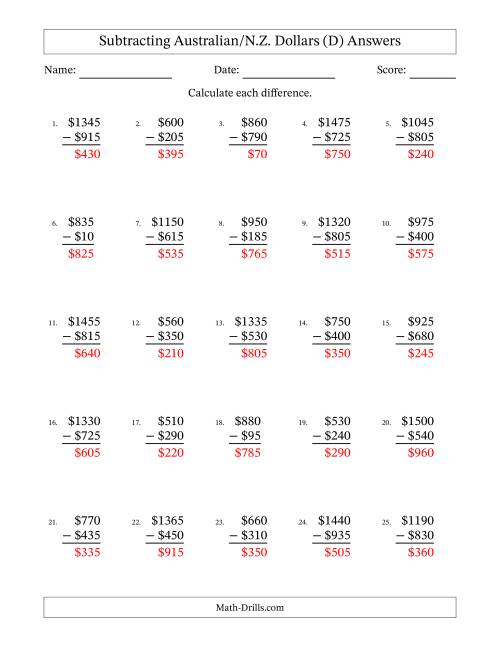 The Subtracting Australian/N.Z. Dollars With Amounts from 5 to 995 in Increments of Five Dollars (D) Math Worksheet Page 2