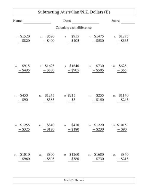 The Subtracting Australian/N.Z. Dollars With Amounts from 5 to 995 in Increments of Five Dollars (E) Math Worksheet