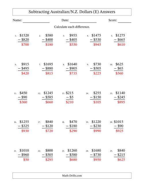 The Subtracting Australian/N.Z. Dollars With Amounts from 5 to 995 in Increments of Five Dollars (E) Math Worksheet Page 2