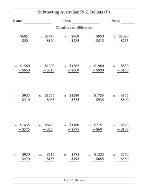 The Subtracting Australian/N.Z. Dollars With Amounts from 5 to 995 in Increments of Five Dollars (F) Math Worksheet