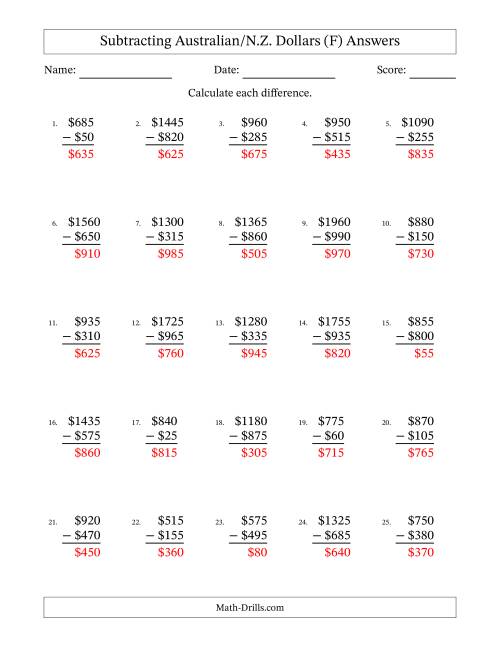 The Subtracting Australian/N.Z. Dollars With Amounts from 5 to 995 in Increments of Five Dollars (F) Math Worksheet Page 2