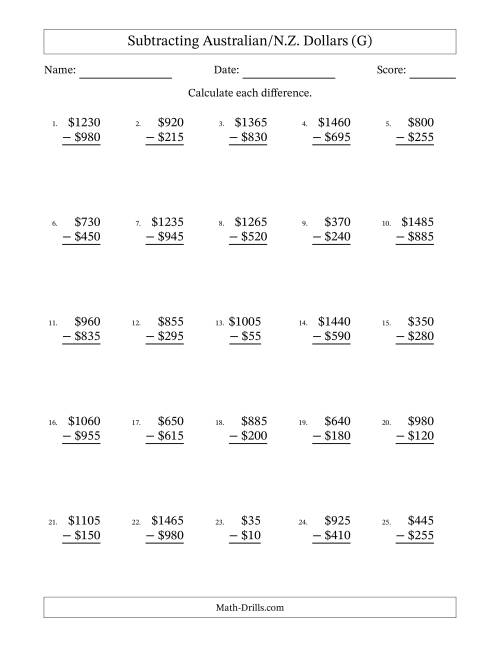 The Subtracting Australian/N.Z. Dollars With Amounts from 5 to 995 in Increments of Five Dollars (G) Math Worksheet