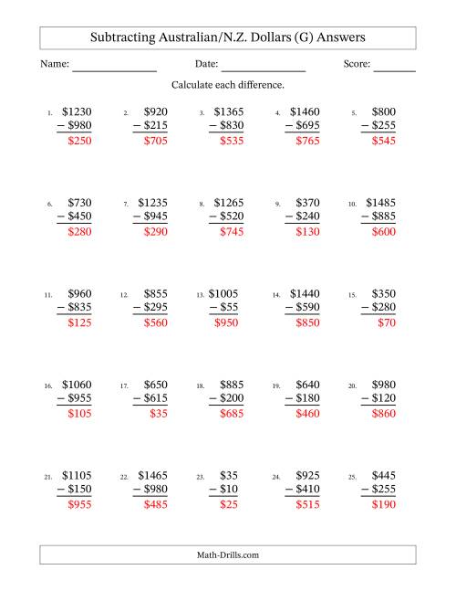 The Subtracting Australian/N.Z. Dollars With Amounts from 5 to 995 in Increments of Five Dollars (G) Math Worksheet Page 2