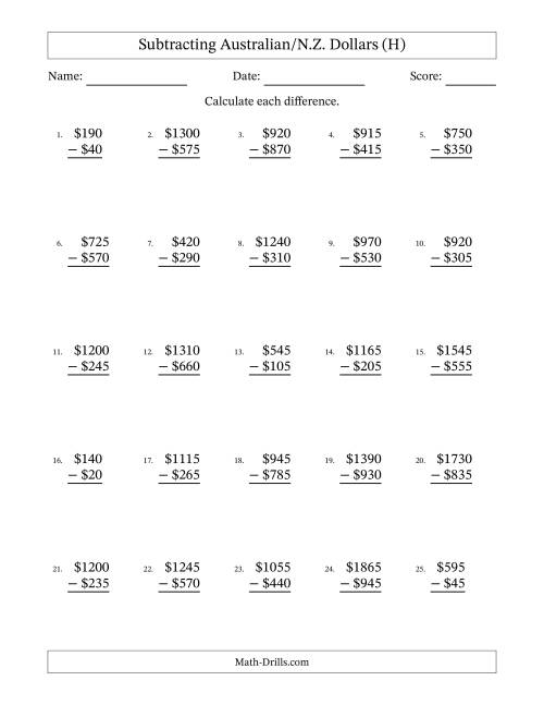 The Subtracting Australian/N.Z. Dollars With Amounts from 5 to 995 in Increments of Five Dollars (H) Math Worksheet