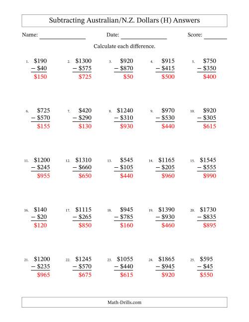 The Subtracting Australian/N.Z. Dollars With Amounts from 5 to 995 in Increments of Five Dollars (H) Math Worksheet Page 2