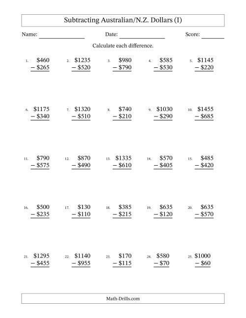 The Subtracting Australian/N.Z. Dollars With Amounts from 5 to 995 in Increments of Five Dollars (I) Math Worksheet