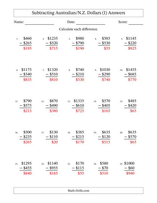 The Subtracting Australian/N.Z. Dollars With Amounts from 5 to 995 in Increments of Five Dollars (I) Math Worksheet Page 2