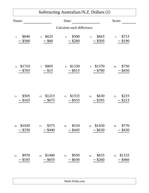 The Subtracting Australian/N.Z. Dollars With Amounts from 5 to 995 in Increments of Five Dollars (J) Math Worksheet