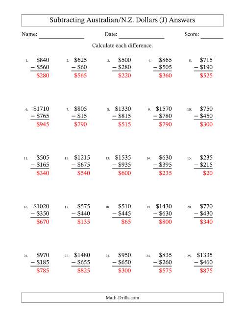 The Subtracting Australian/N.Z. Dollars With Amounts from 5 to 995 in Increments of Five Dollars (J) Math Worksheet Page 2