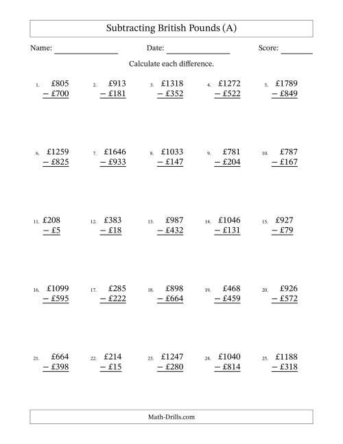 The Subtracting British Pounds With Amounts from 1 to 999 in Increments of One Pound (A) Math Worksheet