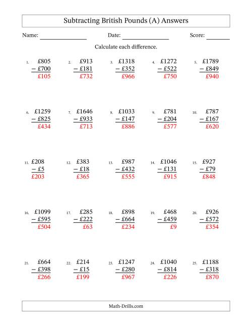 The Subtracting British Pounds With Amounts from 1 to 999 in Increments of One Pound (A) Math Worksheet Page 2