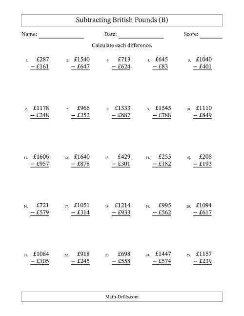 The Subtracting British Pounds With Amounts from 1 to 999 in Increments of One Pound (B) Math Worksheet