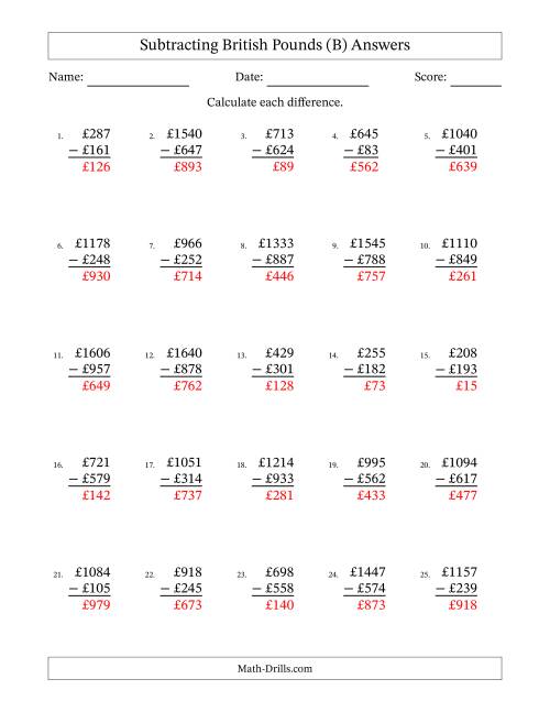 The Subtracting British Pounds With Amounts from 1 to 999 in Increments of One Pound (B) Math Worksheet Page 2