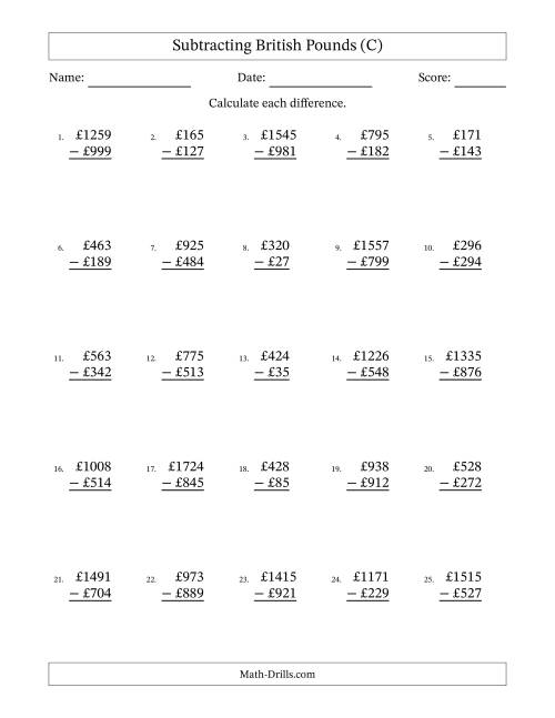 The Subtracting British Pounds With Amounts from 1 to 999 in Increments of One Pound (C) Math Worksheet