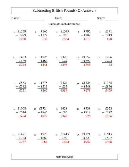 The Subtracting British Pounds With Amounts from 1 to 999 in Increments of One Pound (C) Math Worksheet Page 2