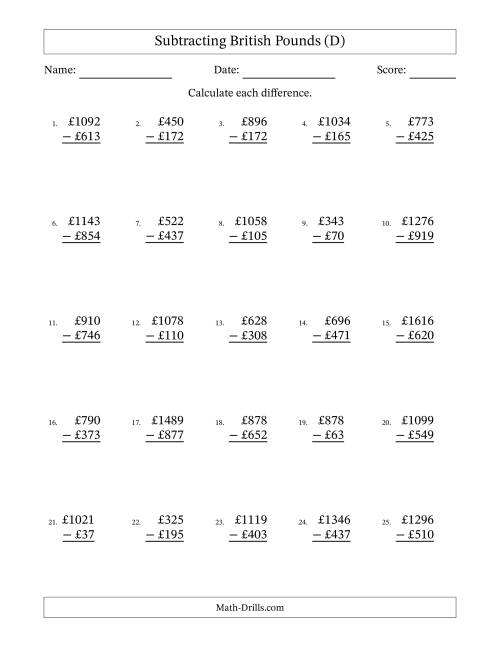 The Subtracting British Pounds With Amounts from 1 to 999 in Increments of One Pound (D) Math Worksheet