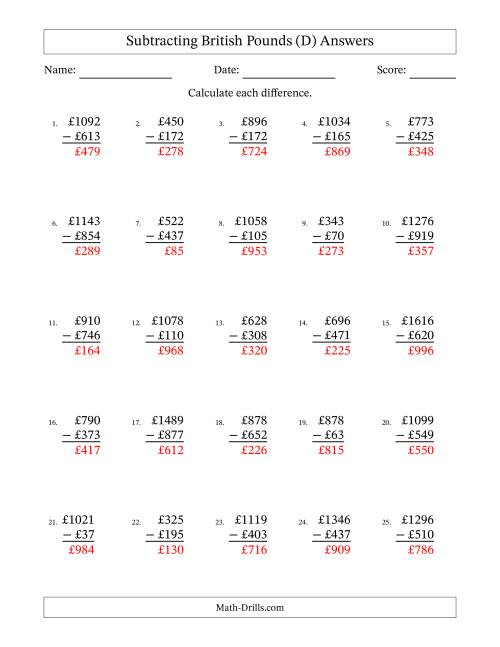 The Subtracting British Pounds With Amounts from 1 to 999 in Increments of One Pound (D) Math Worksheet Page 2