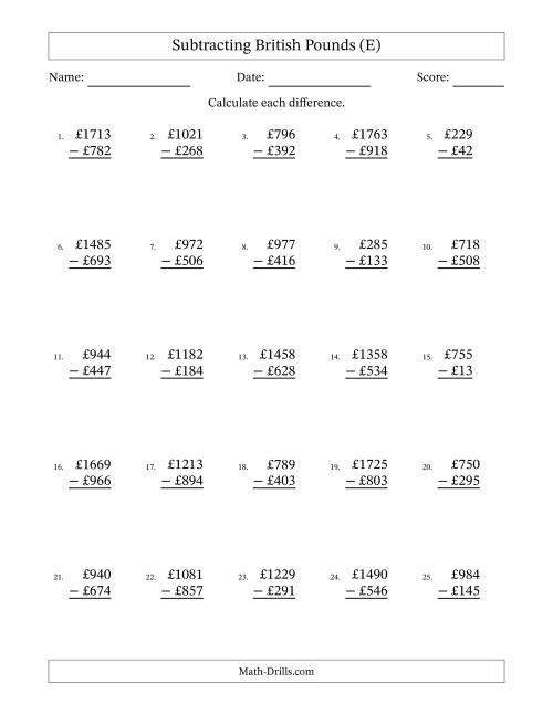 The Subtracting British Pounds With Amounts from 1 to 999 in Increments of One Pound (E) Math Worksheet