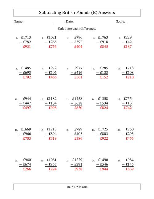 The Subtracting British Pounds With Amounts from 1 to 999 in Increments of One Pound (E) Math Worksheet Page 2