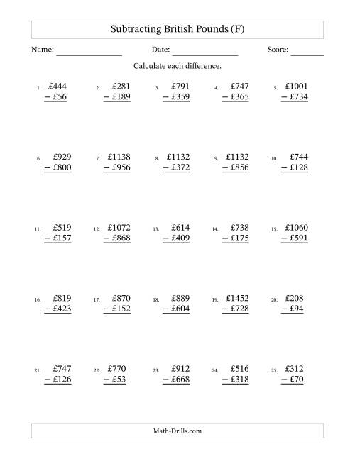 The Subtracting British Pounds With Amounts from 1 to 999 in Increments of One Pound (F) Math Worksheet