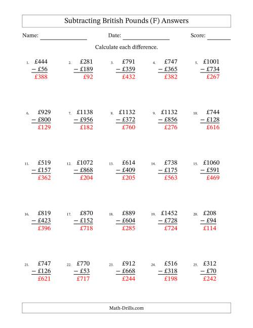 The Subtracting British Pounds With Amounts from 1 to 999 in Increments of One Pound (F) Math Worksheet Page 2