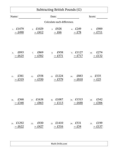 The Subtracting British Pounds With Amounts from 1 to 999 in Increments of One Pound (G) Math Worksheet