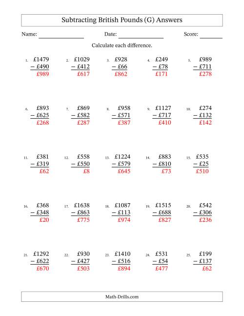 The Subtracting British Pounds With Amounts from 1 to 999 in Increments of One Pound (G) Math Worksheet Page 2