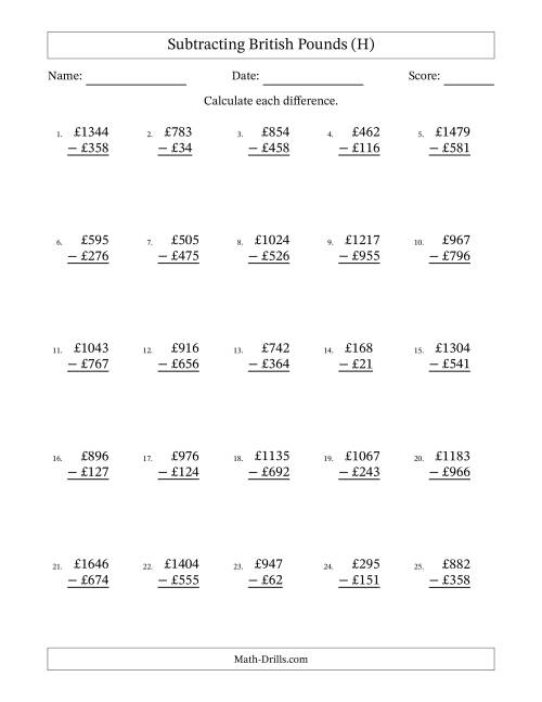 The Subtracting British Pounds With Amounts from 1 to 999 in Increments of One Pound (H) Math Worksheet