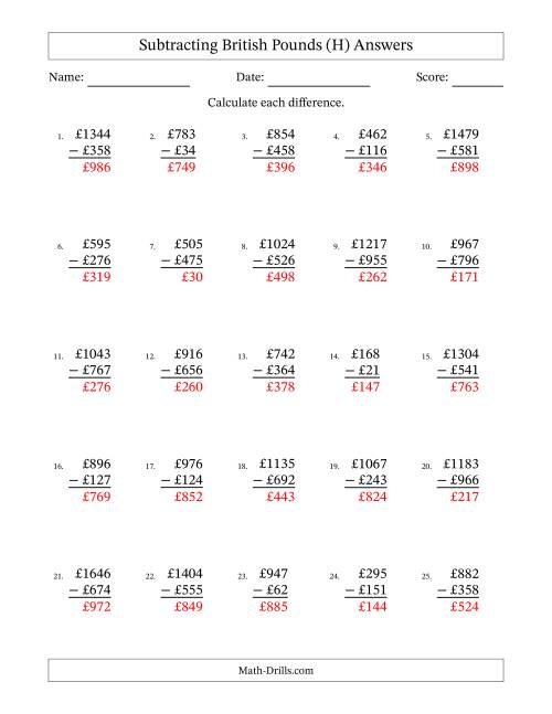 The Subtracting British Pounds With Amounts from 1 to 999 in Increments of One Pound (H) Math Worksheet Page 2